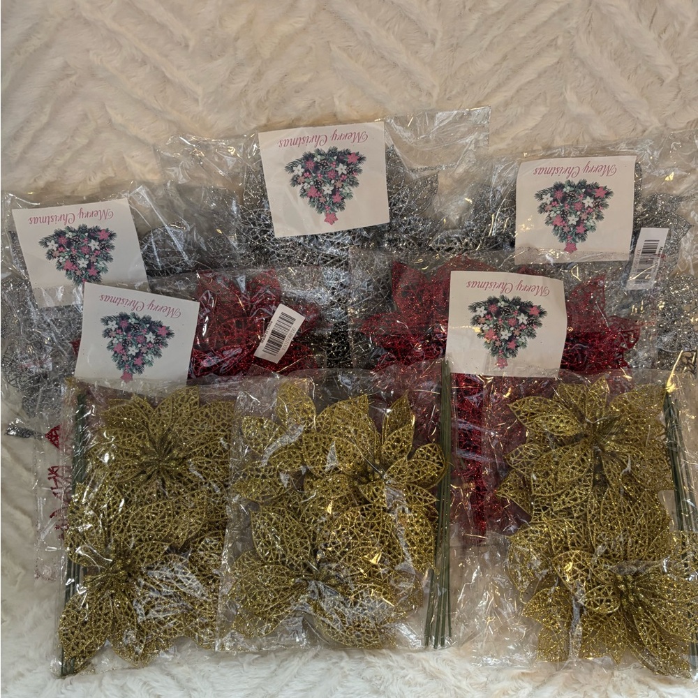 Glittery Poinsettia Decorations in Gold, Silver, and Red